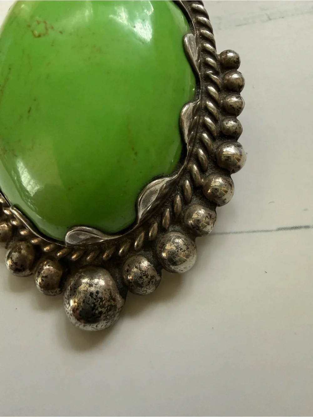 Large Taxco Sterling Silver Brooch Green Stone